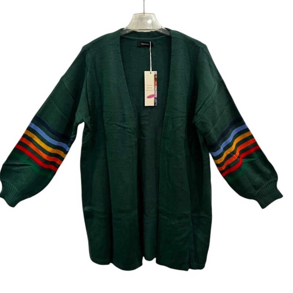 DOKOTOO Women Green Rainbow Stripe Sleeve Open Front Knit Cardigan‎ Sweater Med